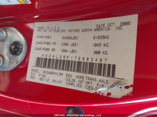 Aukcja sprzedaży 2007 Mitsubishi Eclipse Spyder Gs, vin: 4A3AL25F17E603487, numer aukcji: 12671410