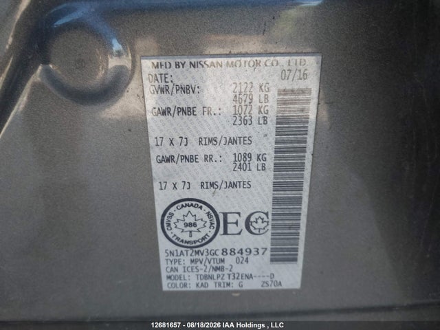 12681657 :رقم المزاد ، 5N1AT2MV3GC884937 vin ، 2016 Nissan Rogue S/sl/sv مزاد بيع