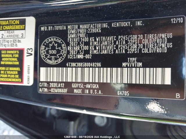 12681658 :رقم المزاد ، 4T3BK3BB5BU048286 vin ، 2011 Toyota Venza Base V6 مزاد بيع
