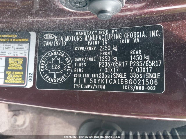 Продажа на аукционе авто 2011 Kia Sorento Lx, vin: 5XYKTCA16BG021506, номер лота: 12676802