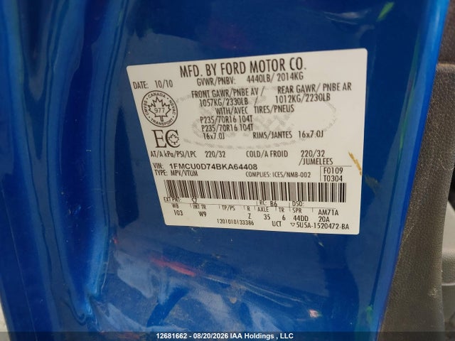2011 Ford Escape Xlt Automatic მანქანა იყიდება აუქციონზე, vin: 1FMCU0D74BKA64408, აუქციონის ნომერი: 12681662