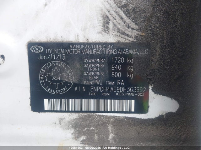 Продаж на аукціоні авто 2013 Hyundai Elantra Gls/limited, vin: 5NPDH4AE9DH363692, номер лоту: 12681663