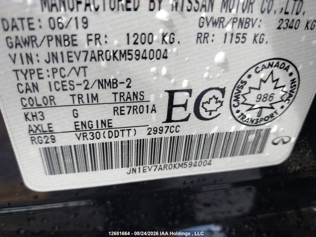 Aukcja sprzedaży 2019 Infiniti Q50 Luxe/sport/signature Edition, vin: JN1EV7AR0KM594004, numer aukcji: 12681664