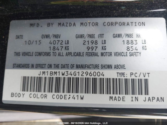 Aukcja sprzedaży 2016 Mazda 3 Touring, vin: JM1BM1W34G1296004, numer aukcji: 12681668