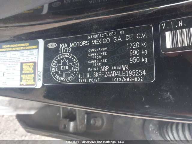 Продажа на аукционе авто 2020 Kia Forte Fe/lxs, vin: 3KPF24AD4LE195254, номер лота: 12681671