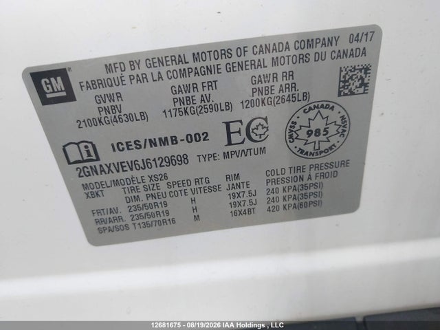 Auction sale of the 2018 Chevrolet Equinox Premier, vin: 2GNAXVEV6J6129698, lot number: 12681675