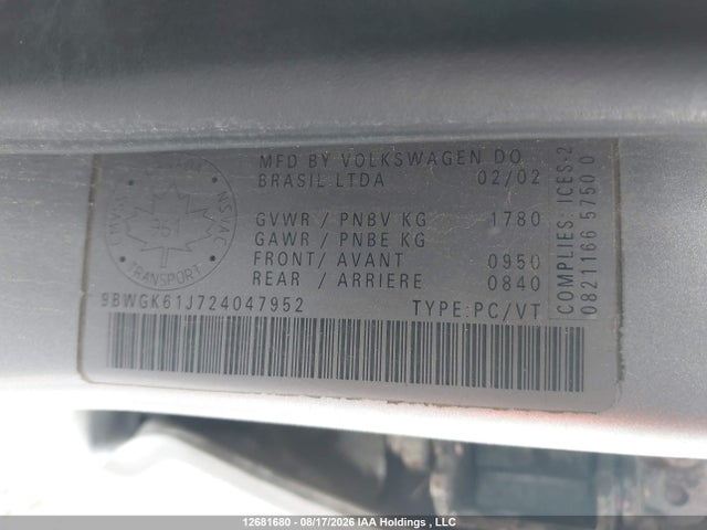 12681680 :رقم المزاد ، 9BWGK61J724047952 vin ، 2002 Volkswagen Golf Gls 2.0l مزاد بيع
