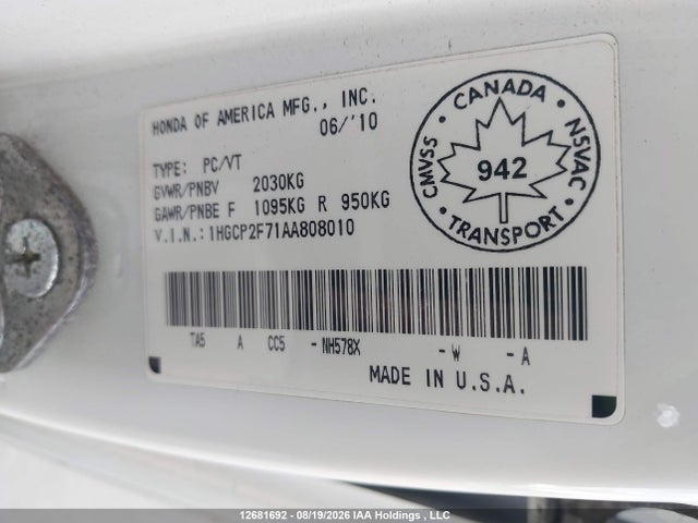 Продаж на аукціоні авто 2010 Honda Accord Ex, vin: 1HGCP2F71AA808010, номер лоту: 12681692