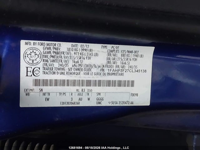 Продажа на аукционе авто 2012 Ford Focus Se, vin: 1FAHP3F27CL345138, номер лота: 12681694