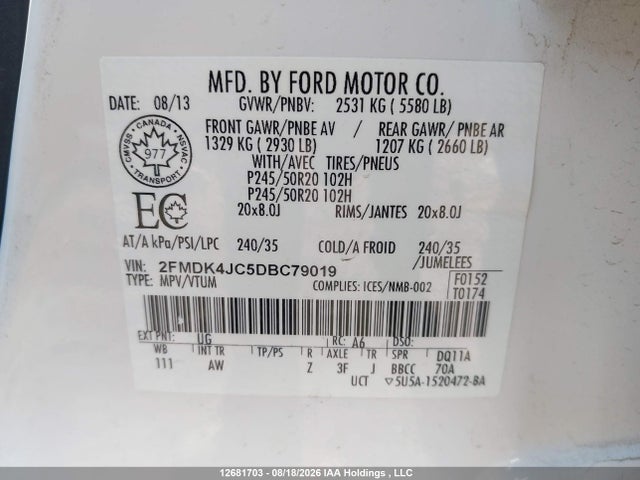 2013 Ford Edge Sel მანქანა იყიდება აუქციონზე, vin: 2FMDK4JC5DBC79019, აუქციონის ნომერი: 12681703