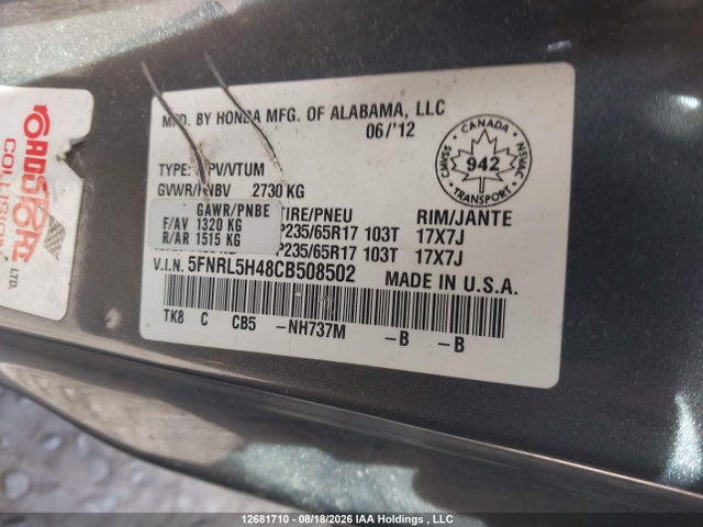 Продаж на аукціоні авто 2012 Honda Odyssey Ex, vin: 5FNRL5H48CB508502, номер лоту: 12681710