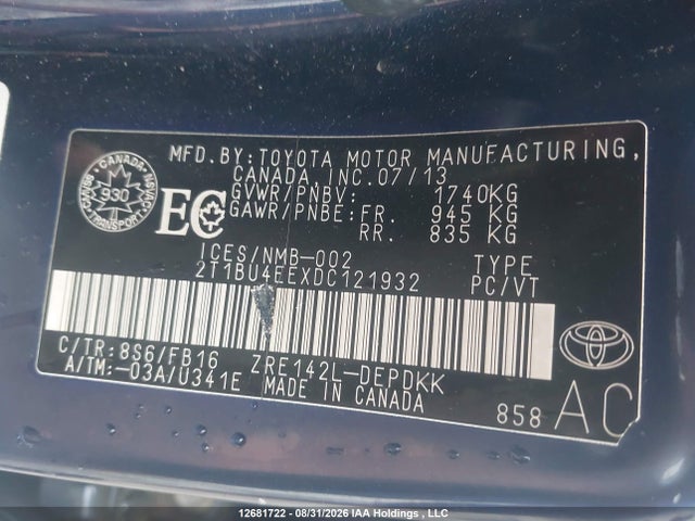 Продажа на аукционе авто 2013 Toyota Corolla Ce, vin: 2T1BU4EEXDC121932, номер лота: 12681722