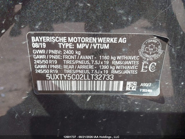 12681737 :رقم المزاد ، 5UXTY5C02LLT32733 vin ، 2020 Bmw X3 Xdrive30i مزاد بيع
