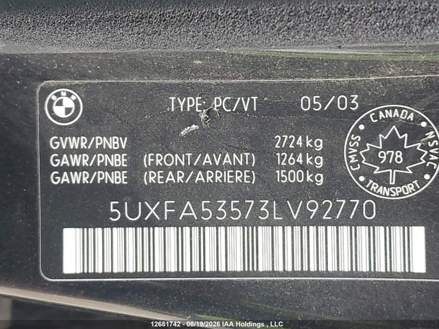Продаж на аукціоні авто 2003 Bmw X5 3.0i, vin: 5UXFA53573LV92770, номер лоту: 12681742