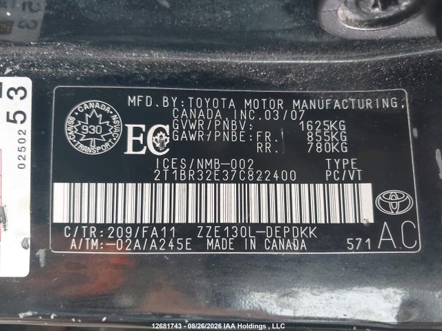 12681743 :رقم المزاد ، 2T1BR32E37C822400 vin ، 2007 Toyota Corolla Ce/le/sport مزاد بيع