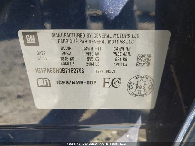 2011 Chevrolet Cruze Ls მანქანა იყიდება აუქციონზე, vin: 1G1PA5SH0B7182703, აუქციონის ნომერი: 12681748