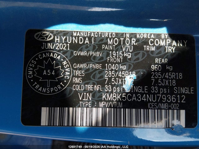 Hyundai Kona Limited 2022 KM8K5CA34NU793612 Image 9