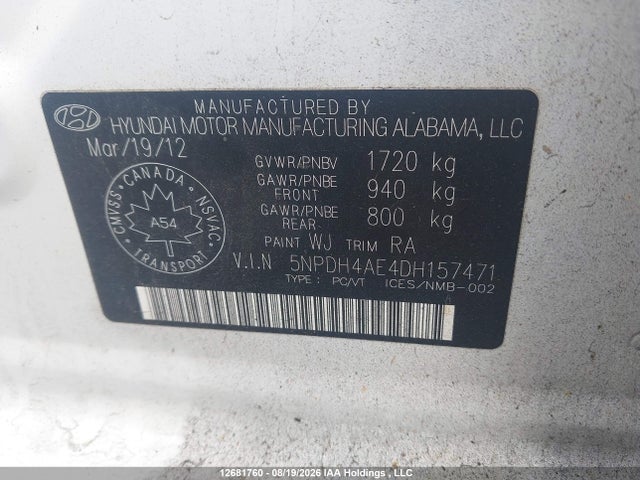 2013 Hyundai Elantra Gls მანქანა იყიდება აუქციონზე, vin: 5NPDH4AE4DH157471, აუქციონის ნომერი: 12681760