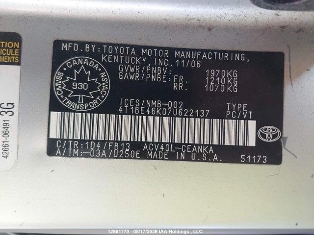 2007 Toyota Camry მანქანა იყიდება აუქციონზე, vin: 4T1BE46K07U622137, აუქციონის ნომერი: 12681770