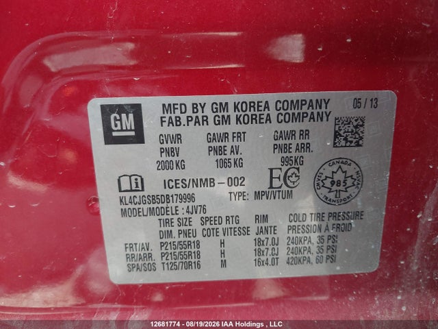 Продажа на аукционе авто 2013 Buick Encore Leather, vin: KL4CJGSB5DB179996, номер лота: 12681774