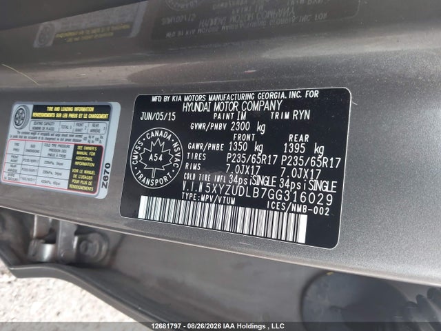 12681797 :رقم المزاد ، 5XYZUDLB7GG316029 vin ، 2016 Hyundai Santa Fe Sport 2.4 Premium مزاد بيع