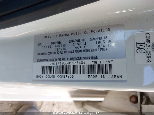 Продаж на аукціоні авто 2017 Mazda Mazda3 Gt, vin: JM1BN1W33H1125484, номер лоту: 12681802