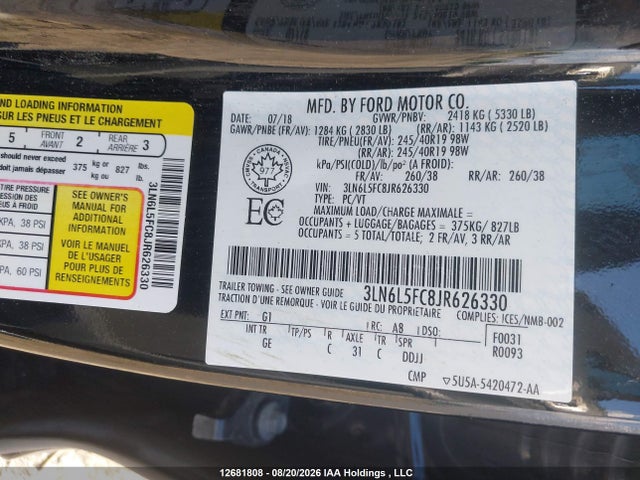 3LN6L5FC8JR626330 Lincoln Mkz Reserve