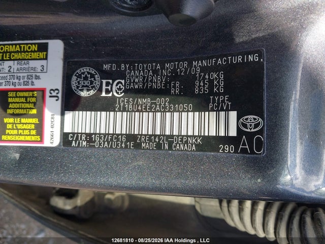 12681810 :رقم المزاد ، 2T1BU4EE2AC331050 vin ، 2010 Toyota Corolla Le مزاد بيع
