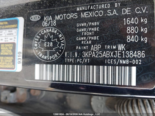 Aukcja sprzedaży 2018 Kia Rio Lx/lx+, vin: 3KPA25ABXJE138486, numer aukcji: 12681824