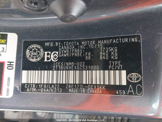 12681825 :رقم المزاد ، 2T1BURHEXGC531000 vin ، 2016 Toyota Corolla S مزاد بيع