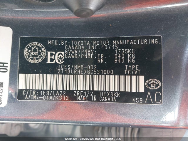 12681825 :رقم المزاد ، 2T1BURHEXGC531000 vin ، 2016 Toyota Corolla S مزاد بيع