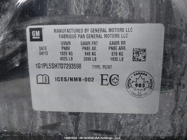 2013 Chevrolet Cruze Ls მანქანა იყიდება აუქციონზე, vin: 1G1PL5SH7D7293598, აუქციონის ნომერი: 12681832