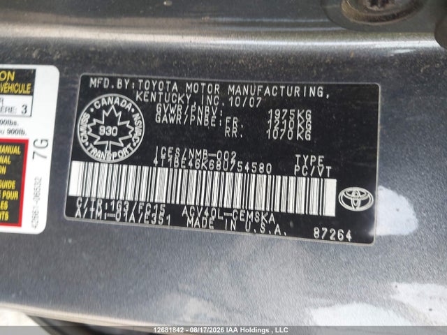 Aukcja sprzedaży 2008 Toyota Camry Se, vin: 4T1BE46K68U754580, numer aukcji: 12681842
