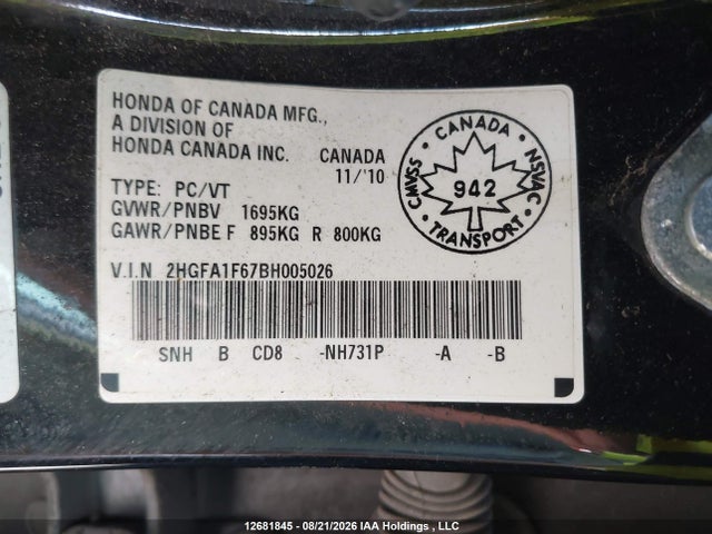 2011 Honda Civic Lx-s მანქანა იყიდება აუქციონზე, vin: 2HGFA1F67BH005026, აუქციონის ნომერი: 12681845