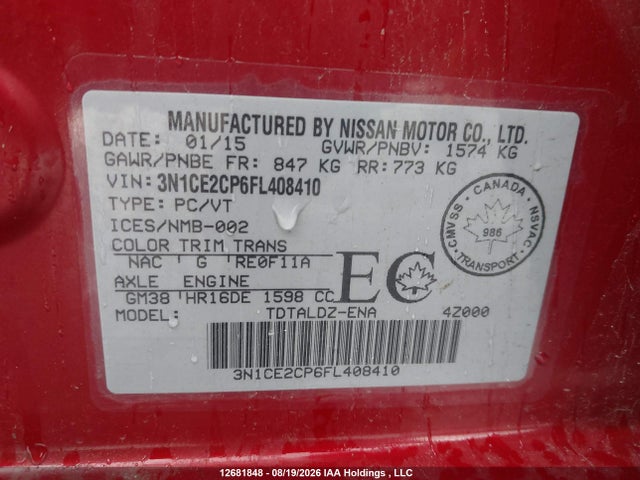Aukcja sprzedaży 2015 Nissan Versa Note, vin: 3N1CE2CP6FL408410, numer aukcji: 12681848