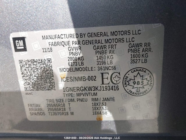 1GNERGKW3KJ193416 Chevrolet Traverse Lt