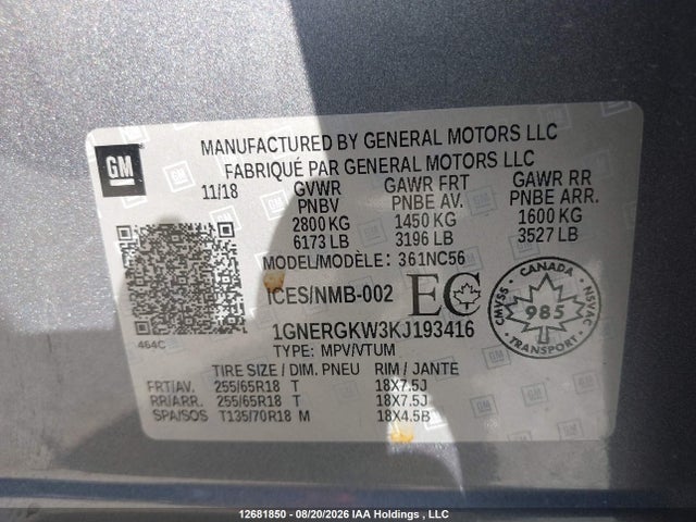 1GNERGKW3KJ193416 Chevrolet Traverse Lt