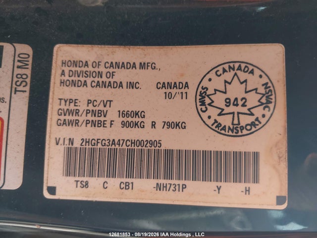 12681853 :رقم المزاد ، 2HGFG3A47CH002905 vin ، 2012 Honda Civic مزاد بيع