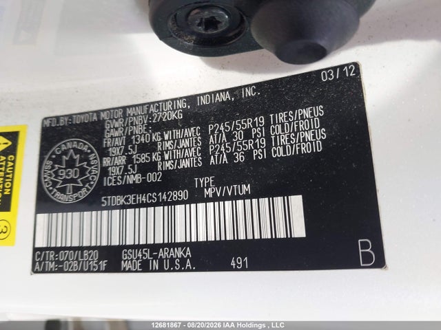 12681867 :رقم المزاد ، 5TDBK3EH4CS142890 vin ، 2012 Toyota Highlander V6 مزاد بيع