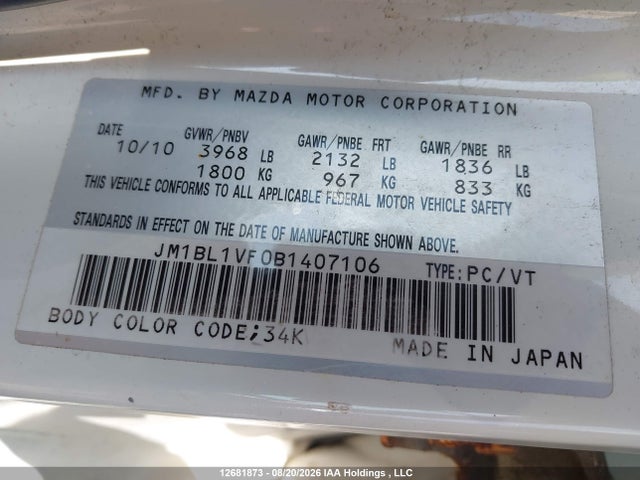 Aukcja sprzedaży 2011 Mazda Mazda3, vin: JM1BL1VF0B1407106, numer aukcji: 12681873