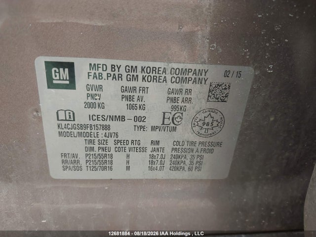 Aukcja sprzedaży 2015 Buick Encore Leather, vin: KL4CJGSB9FB157888, numer aukcji: 12681884
