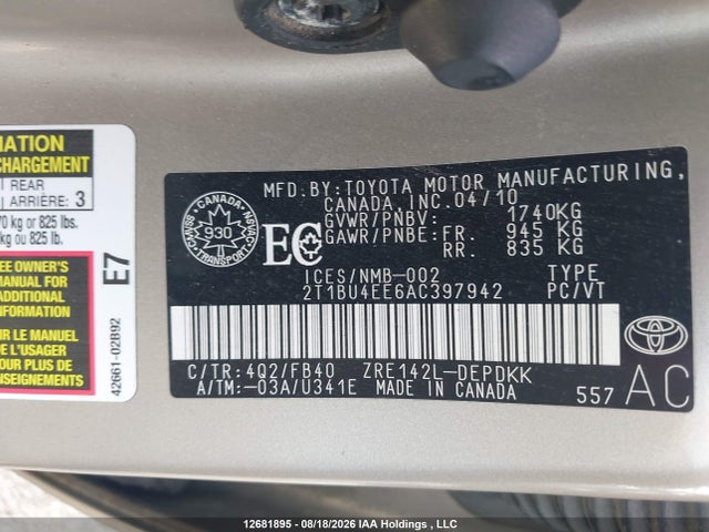 2010 Toyota Corolla მანქანა იყიდება აუქციონზე, vin: 2T1BU4EE6AC397942, აუქციონის ნომერი: 12681895