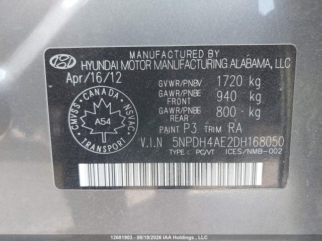 2013 Hyundai Elantra მანქანა იყიდება აუქციონზე, vin: 5NPDH4AE2DH168050, აუქციონის ნომერი: 12681903