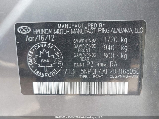 2013 Hyundai Elantra მანქანა იყიდება აუქციონზე, vin: 5NPDH4AE2DH168050, აუქციონის ნომერი: 12681903