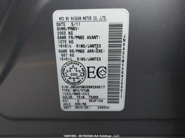 Aukcja sprzedaży 2011 Nissan Rogue S, vin: JN8AS5MV9BW299817, numer aukcji: 12681905