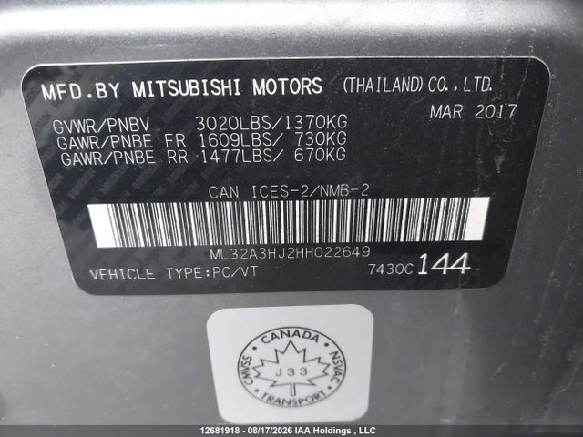 Продажа на аукционе авто 2017 Mitsubishi Mirage Es, vin: ML32A3HJ2HH022649, номер лота: 12681918