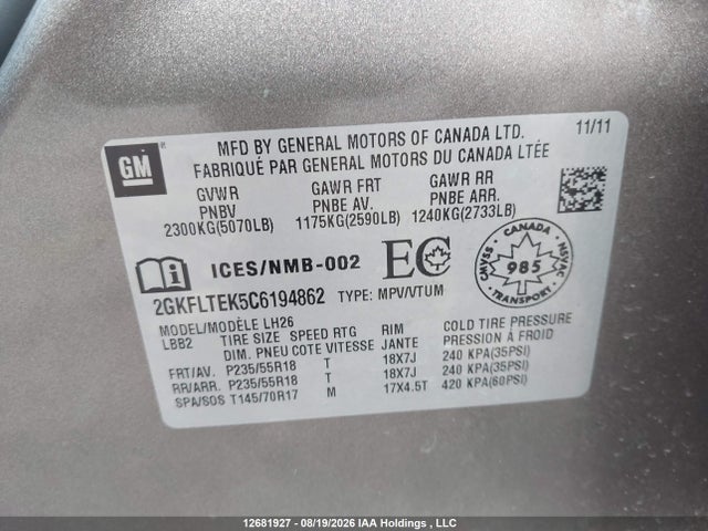 Aukcja sprzedaży 2012 Gmc Terrain Sle-2, vin: 2GKFLTEK5C6194862, numer aukcji: 12681927