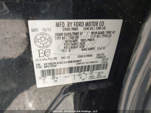 Auction sale of the 2011 Ford Edge Se, vin: 2FMDK3GC2BBB30467, lot number: 12681936
