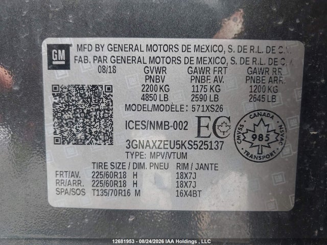 12681953 :رقم المزاد ، 3GNAXZEU5KS525137 vin ، 2019 Chevrolet Equinox Premier مزاد بيع