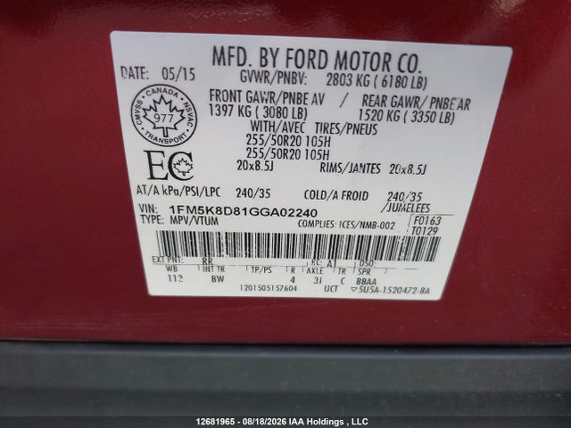 1FM5K8D81GGA02240 Ford EXPLORER XLT